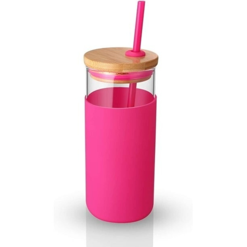 Hot Pink 18 ounce Glass Travel Tumbler - Rubber Padding, Straw, Bamboo Lid -NWOT